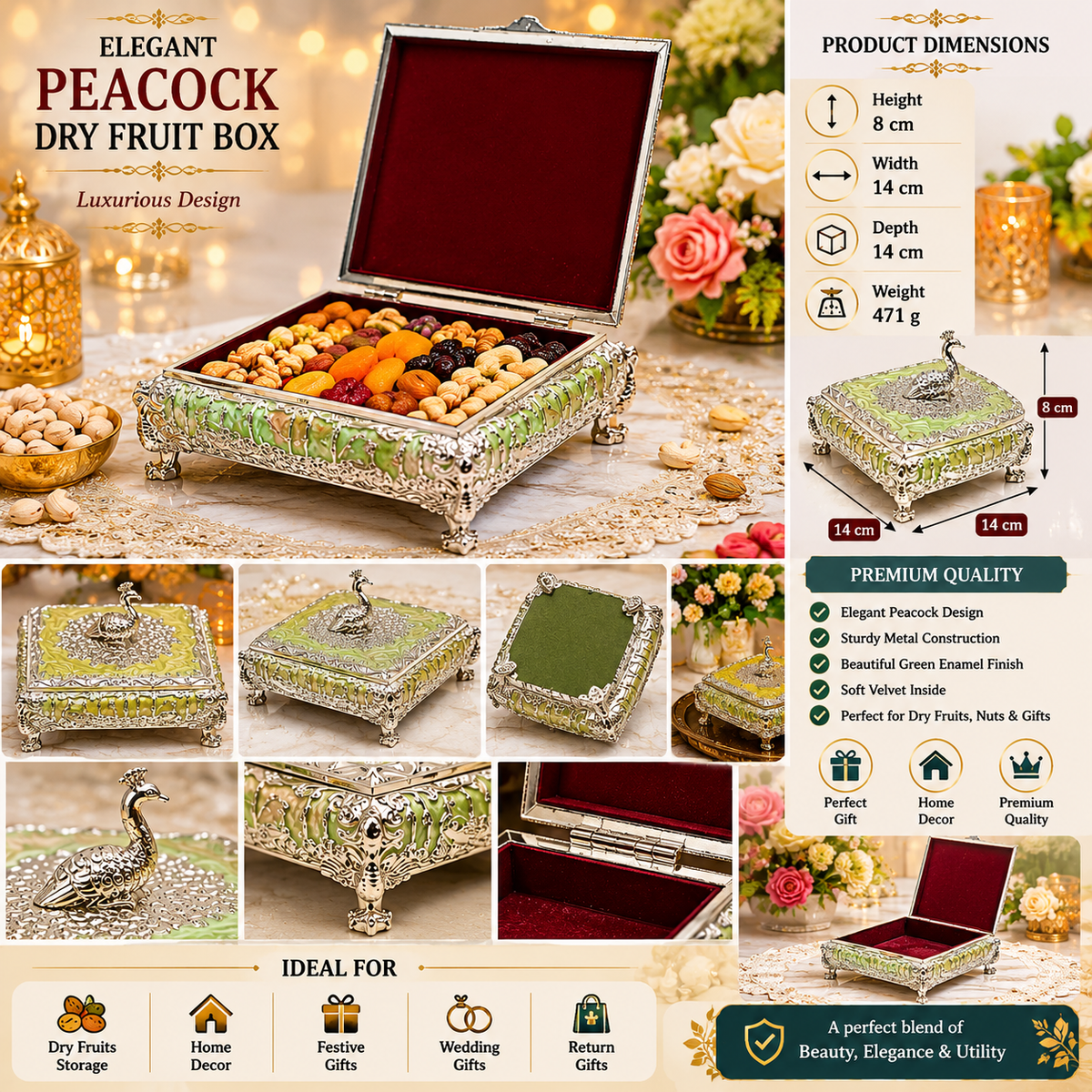 Handcrafted Peacock Dry Fruit Container with velvet blue box – Ethnic German Silver Peacock Set