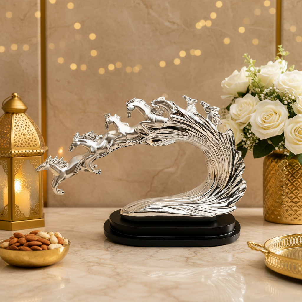 Silver Running 7 Horses Showpiece | Luxury Home Decor Sculpture | Modern Tabletop & Office Decorative Statue | 38 × 18 × 26 cm | 2380g