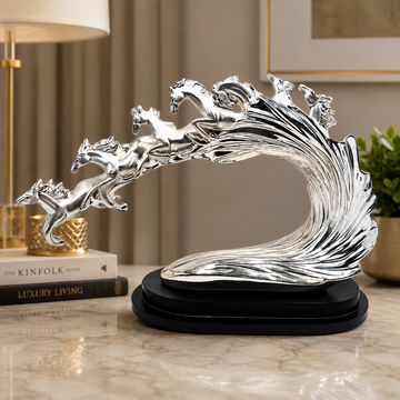 Silver Running 7 Horses Showpiece | Luxury Home Decor Sculpture | Modern Tabletop & Office Decorative Statue | 38 × 18 × 26 cm | 2380g