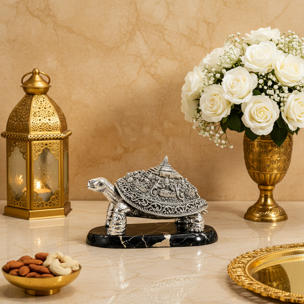 999 Silver Plated Vastu Turtle with Temple Design on Marble Base | Decorative Feng Shui & Spiritual Home Decor