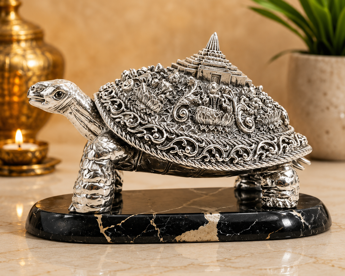 999 Silver Plated Vastu Turtle with Temple Design on Marble Base | Decorative Feng Shui & Spiritual Home Decor