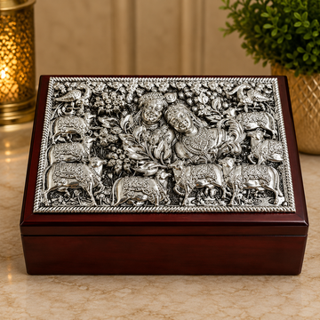 999 Silver Plated Radha Krishna Wooden Jewelry Box | Decorative Storage Box for Jewelry, Dry Fruits & Gift Items
