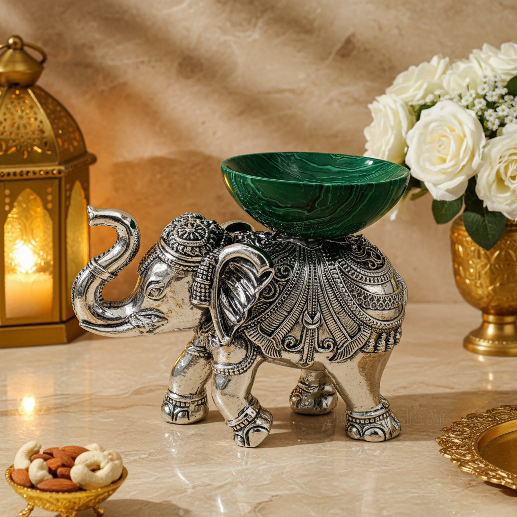 Silver Elephant Decorative Bowl with Green Stone Finish | Luxury Home Décor Accent | Handcrafted Table Centerpiece