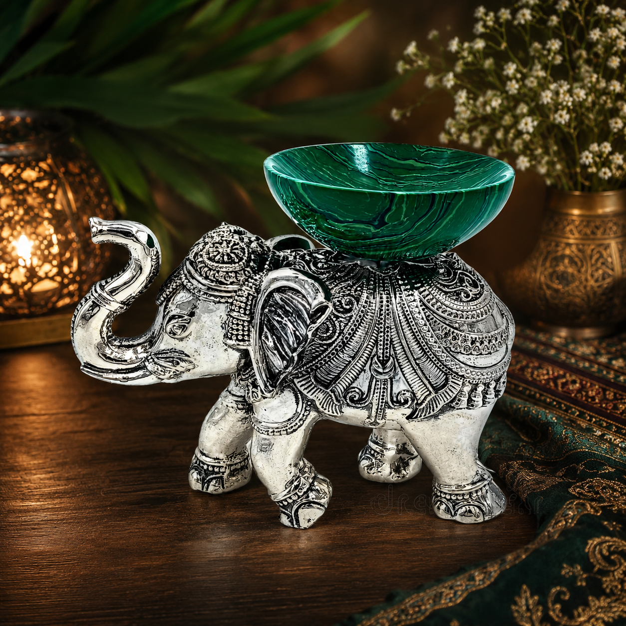 Silver Elephant Decorative Bowl with Green Stone Finish | Luxury Home Décor Accent | Handcrafted Table Centerpiece (Copy)