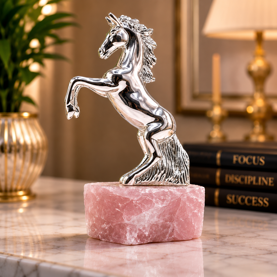 Luxury Silver Horse Showpiece on Natural Rose Quartz Crystal Base | Handcrafted Premium Home & Office Décor | Elegant Gift Item