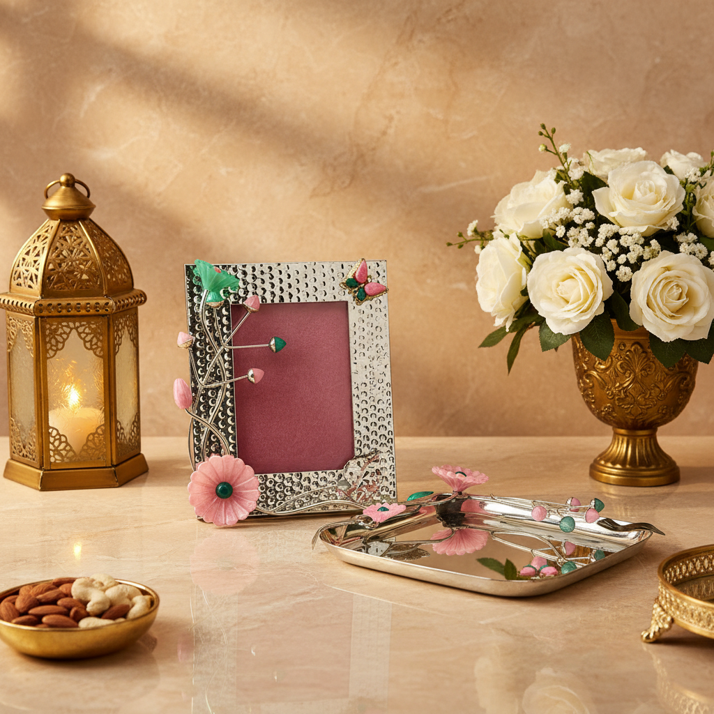 Luxury Silver Plated Floral Photo Frame & Decorative Tray Set | Elegant Home Décor & Premium Gift Item