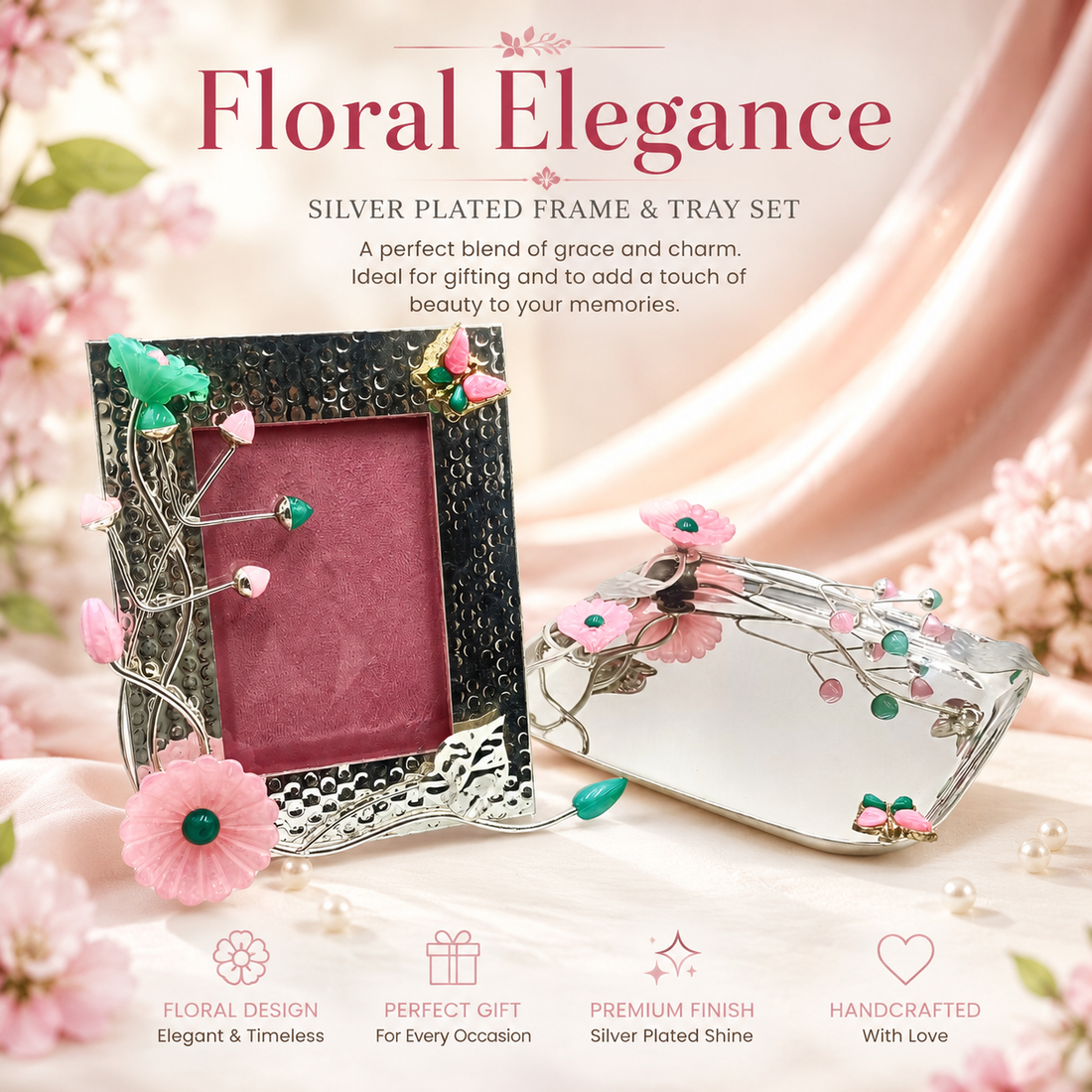 Luxury Silver Plated Floral Photo Frame & Decorative Tray Set | Elegant Home Décor & Premium Gift Item