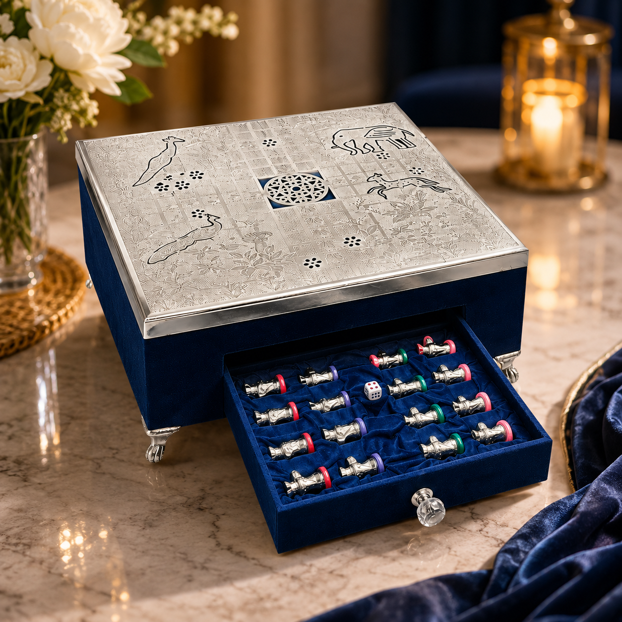 Luxury Silver Plated Ludo Set with Velvet Storage Drawer | Handcrafted Decorative Ludo Board | Premium Gift & Home Décor