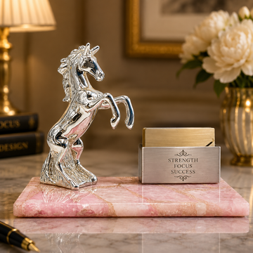 Luxury Silver Horse Business Card Holder with Pink Marble Base | Premium Office Desk Organizer | Elegant Corporate Gift & Home Décor