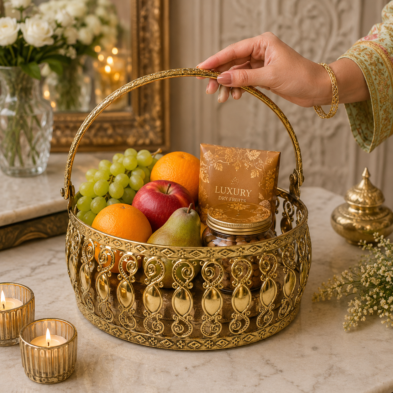 Luxury Golden Metal Fruit Basket with Handle | Decorative Serving Basket | Premium Dry Fruit & Gift Hamper Basket for Home Decor