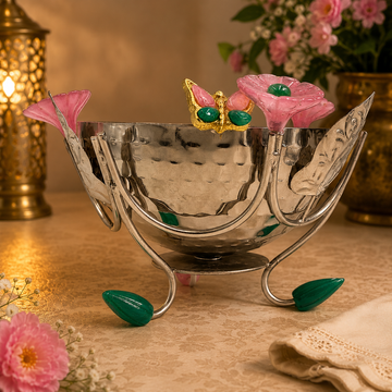Decorative Silver Fruit Bowl with Floral Design | Metal Serving Basket | Flower Candy Holder | Dry Fruit Tray | Luxury Table Centerpiece Gift