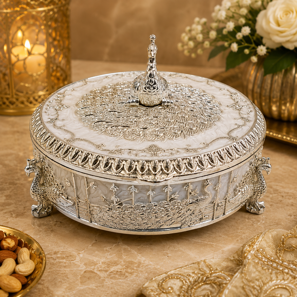 Luxury Peacock Jewelry Box with Lid | Silver Decorative Trinket Box | Round Storage Box | Wedding Gift | Vanity Organizer | Home Decor Accent