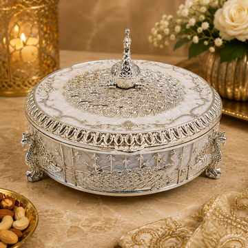 Luxury Peacock Jewelry Box with Lid | Silver Decorative Trinket Box | Round Storage Box | Wedding Gift | Vanity Organizer | Home Decor Accent