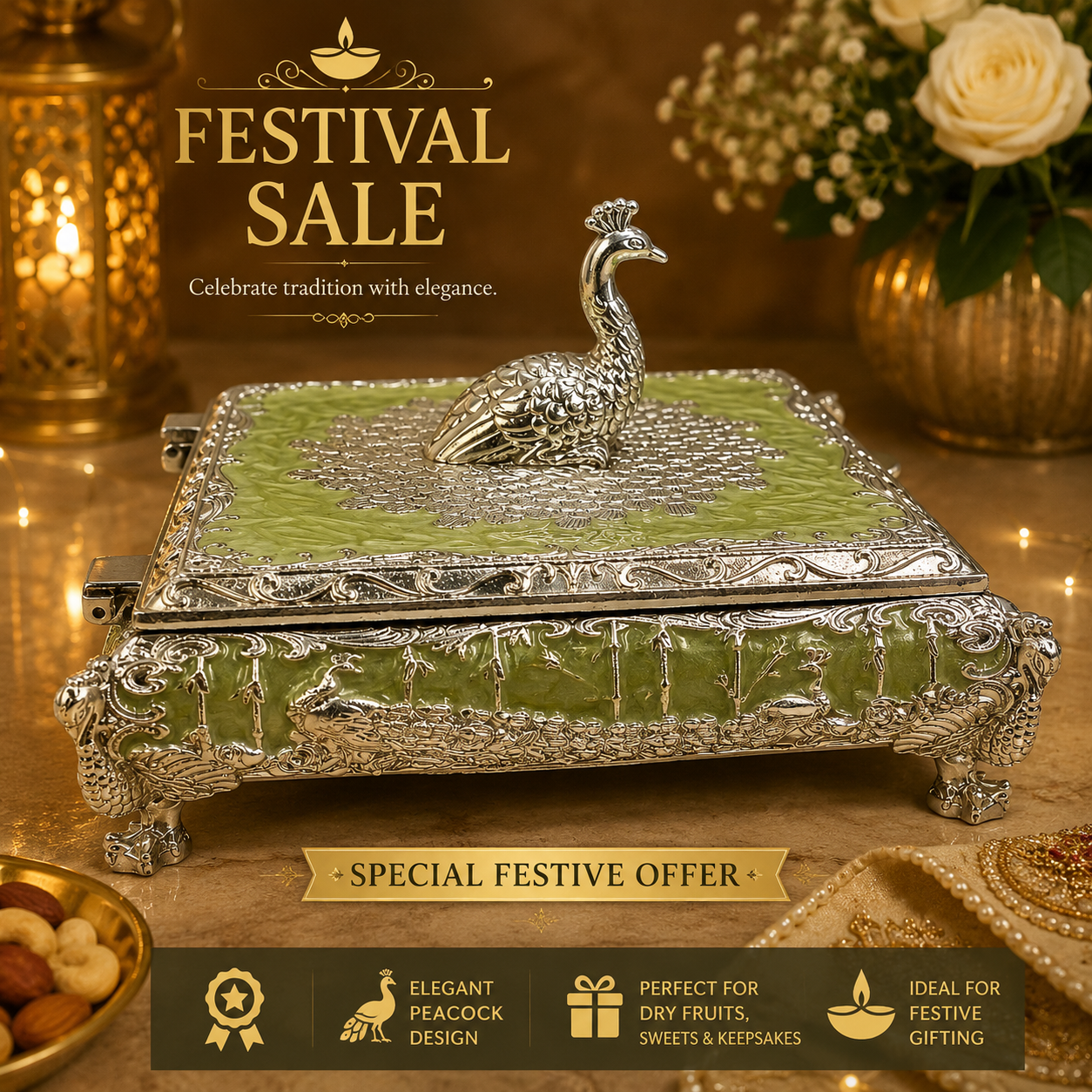 Silver Luxury Peacock Jewelry Box with Lid | Silver Decorative Trinket Box | Squre Storage Box | Wedding Gift | Vanity Organizer | Home Decor Accent