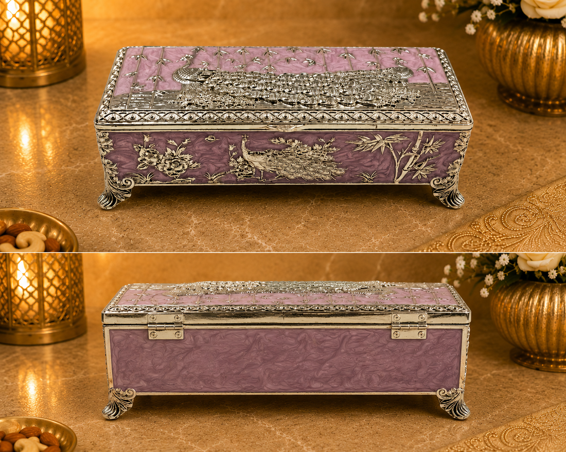Luxury Peacock Jewelry & Dry Fruit Storage Box – Handcrafted Silver & Lavender Decorative Trinket Box | Vintage Keepsake Organizer for Home Décor & Gifting