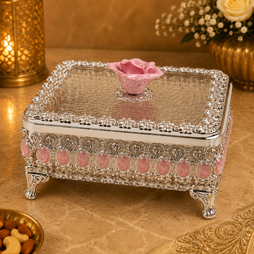 Luxury Silver Plated Dry Fruit Box with Pink Rose Accent | Decorative Dry Fruit & Candy Storage Box | Premium Wedding, Diwali & Housewarming Gift