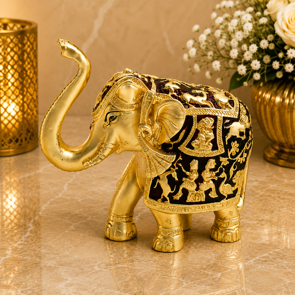 Royal Gold Elephant Showpiece – Decorative Lucky Elephant Statue for Home Décor, Office Desk, Living Room & Gift Item (13 x 6 x 10 cm)