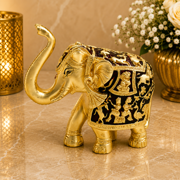 Royal Gold Elephant Showpiece – Decorative Lucky Elephant Statue for Home Décor, Office Desk, Living Room & Gift Item (13 x 6 x 10 cm)