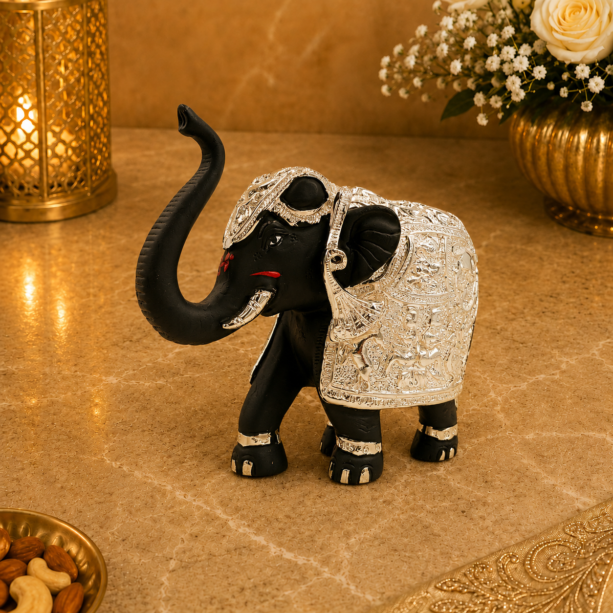 Silver Black Coated Elephant Decorative With Kamdhenu Design