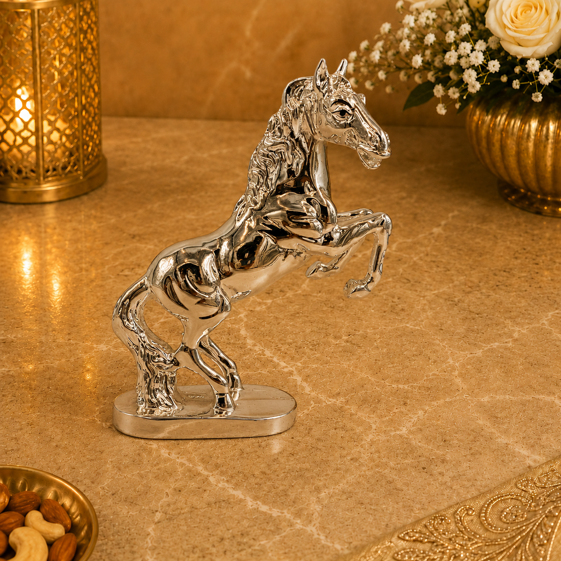 Silver Plated Rearing Horse Showpiece for Home Decor | Lucky Horse Figurine Statue | Tabletop Decorative Accent | Living Room & Office Decoration Gift