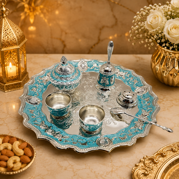 Luxury Silver Plated Pooja Thali Set with 2 Cups, Bell, Kumkum Box & Spoon | Decorative Prayer Tray | Wedding, Housewarming & Diwali Gift | 29 × 29 × 11 cm
