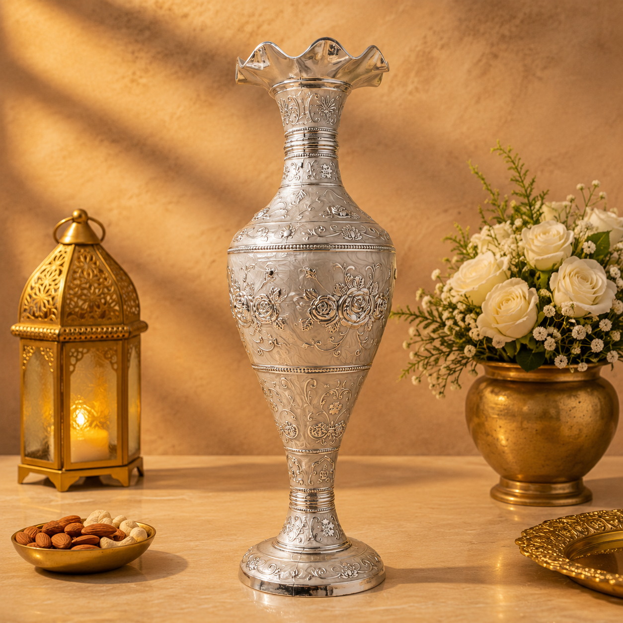 Luxury Silver Plated Decorative Flower Vase with Embossed Floral Design | Elegant Metal Vase for Home Decor, Living Room, Wedding & Gift