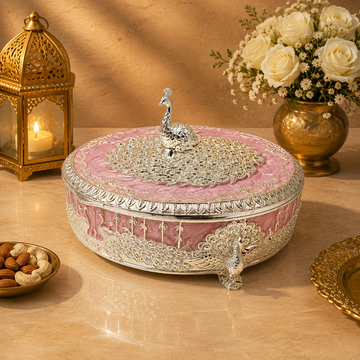 Luxury Peacock Dry Fruit Box with Lid | Silver Plated Decorative Serving Box | Round Candy, Chocolate & Mithai Storage Box | 21 × 21 × 11 cm | 1015g