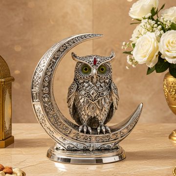 Silver Plated Owl on Crescent Moon Decorative Statue | Elegant Owl Figurine for Home Décor, Office & Gifting