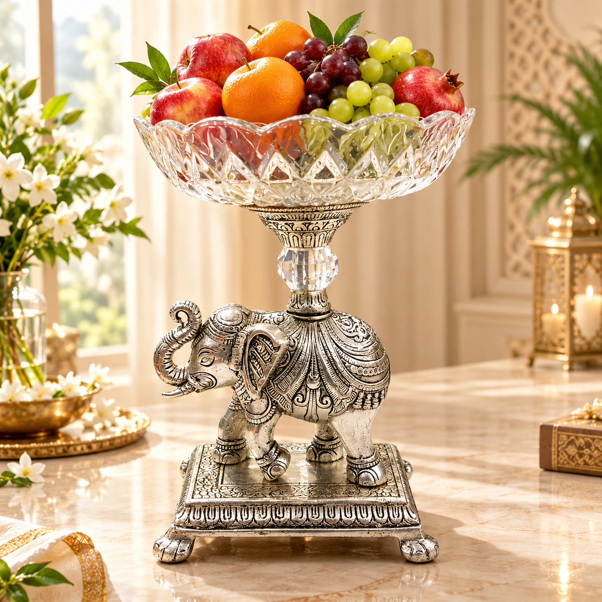 Silver Plated Elephant Fruit Bowl | Decorative Pedestal Bowl | German Silver Elephant Showpiece | Luxury Home Decor | Gift for Wedding