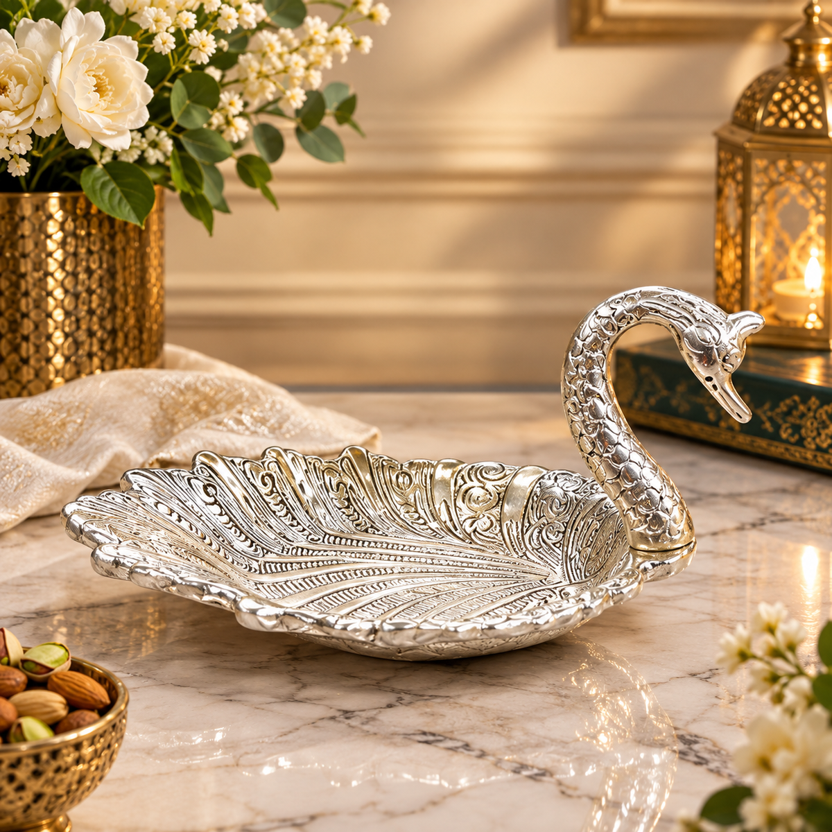 Silver Plated Swan Platter | German Silver Swan Tray | Decorative Bird Platter | Luxury Table Decor | Dry Fruit & Sweet Tray | Gift