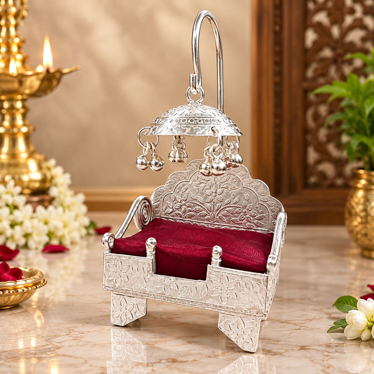 Laddu Gopal Singhasan Silver Jhula with Velvet Gift Box | Luxury Krishna Ji Swing Seat | Decorative Pooja Gift