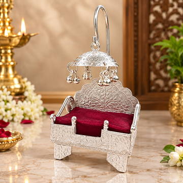 Laddu Gopal Singhasan Silver Jhula with Velvet Gift Box | Luxury Krishna Ji Swing Seat | Decorative Pooja Gift