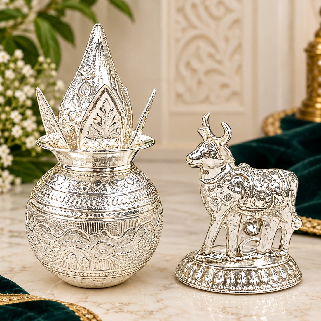 Silver Plated Kalash & Nandi Idol Set with Velvet Box | 3 Inch Decorative Pooja Set | Hindu Religious Gift | Home Temple Decor | 150g