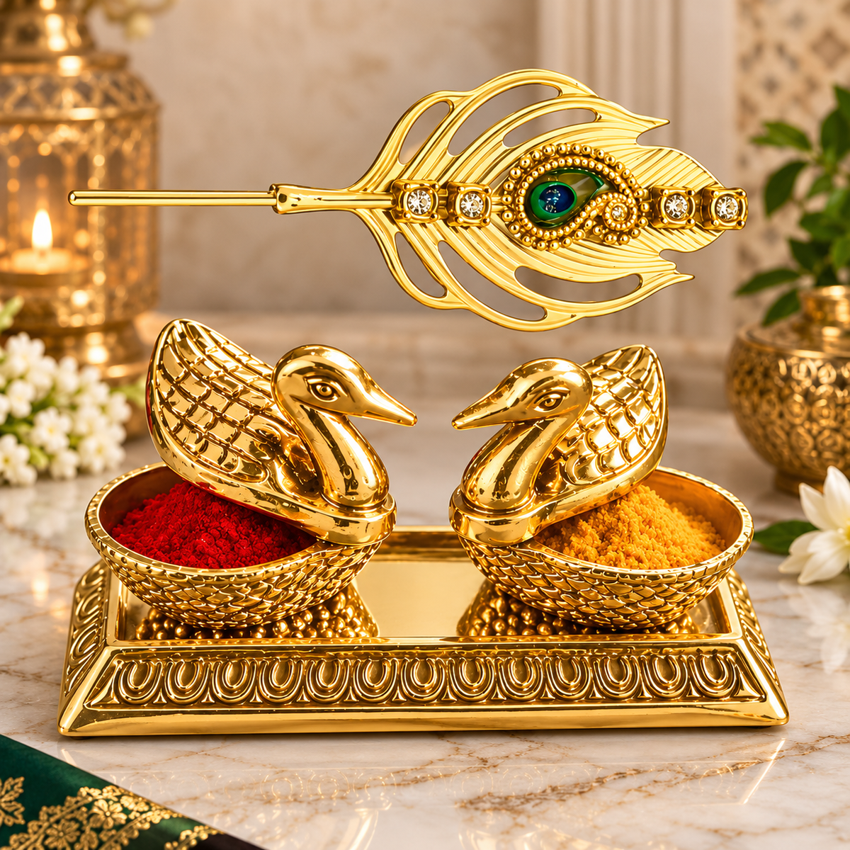 Silver Swan Kumkum & Haldi Pooja Set with Peacock Feather Leaf | Luxury Decorative Pooja Thali Accessory