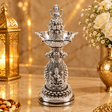 999 Silver Plated Lakshmi Diya Stand Set Of 2 | Premium Laxmi Deepak Holder | Luxury Pooja Decor | Traditional Indian Gift