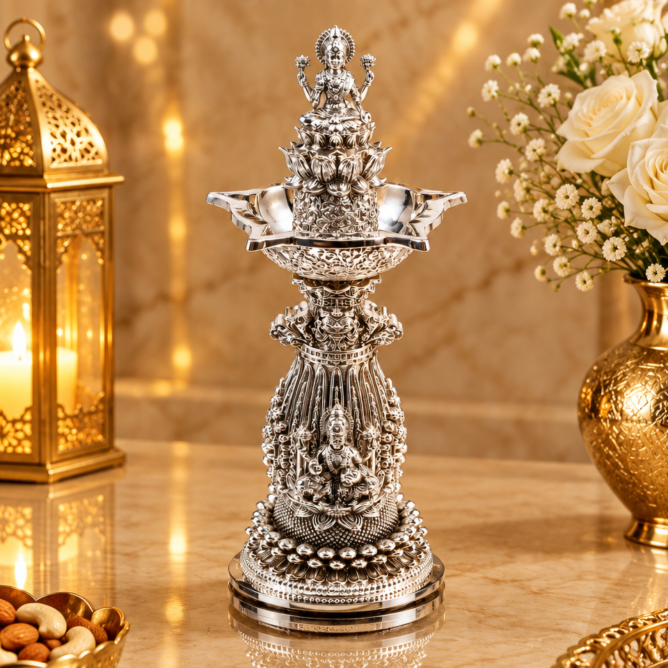 999 Silver Plated Lakshmi Diya Stand Set Of 2 | Premium Laxmi Deepak Holder | Luxury Pooja Decor | Traditional Indian Gift
