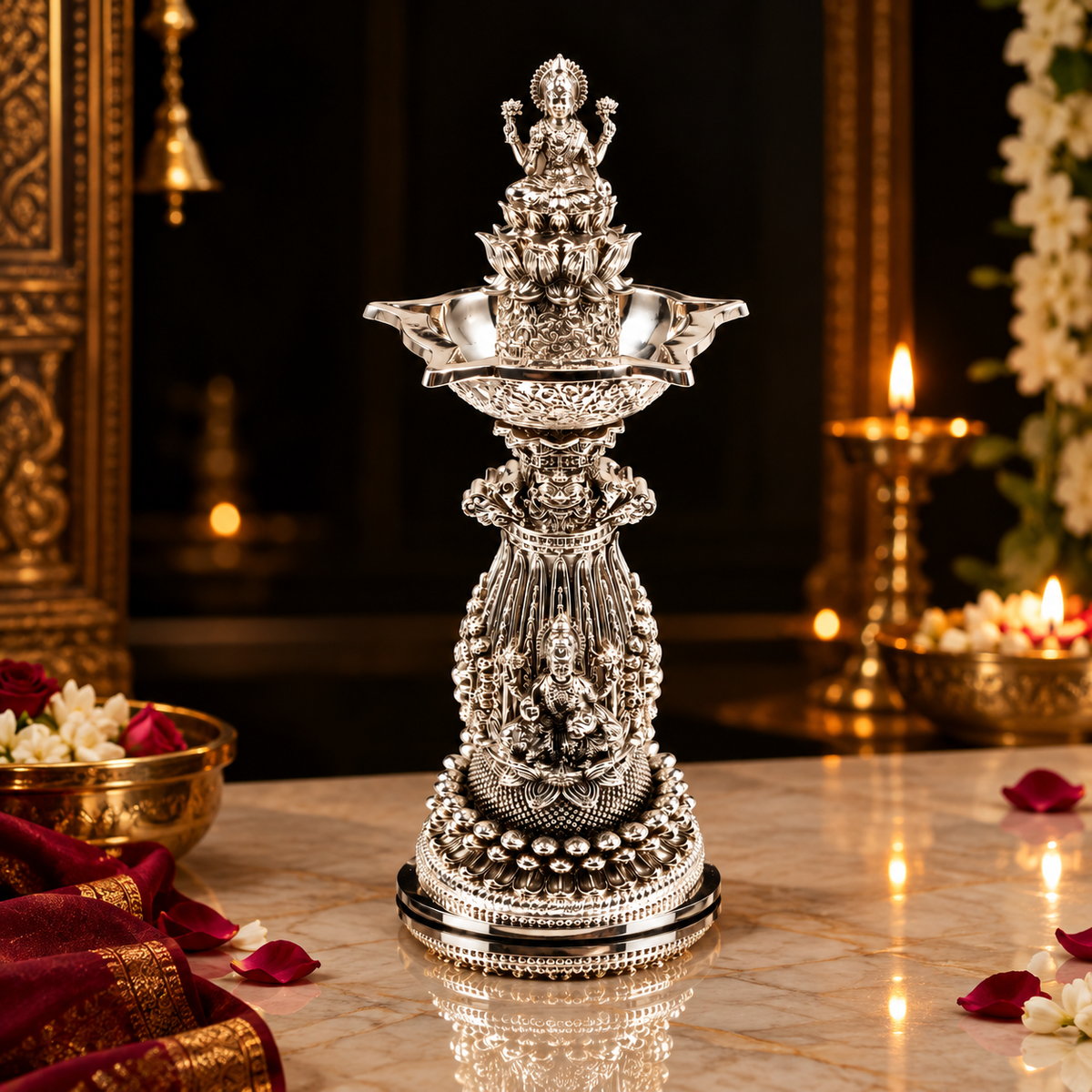 999 Silver Plated Lakshmi Diya Stand Set Of 2 | Premium Laxmi Deepak Holder | Luxury Pooja Decor | Traditional Indian Gift