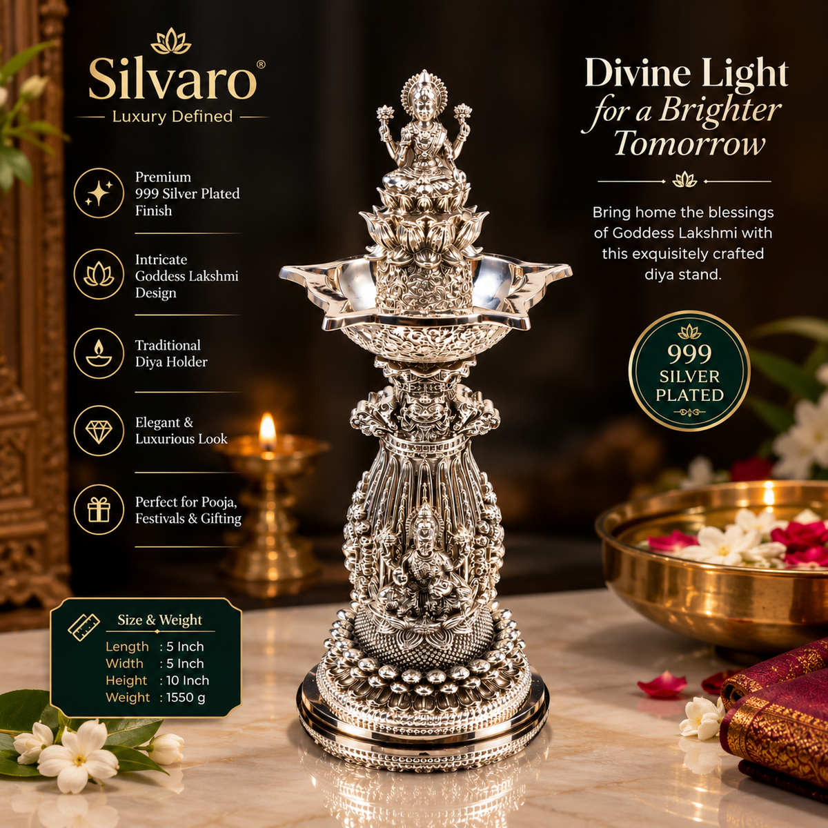 999 Silver Plated Lakshmi Diya Stand Set Of 2 | Premium Laxmi Deepak Holder | Luxury Pooja Decor | Traditional Indian Gift