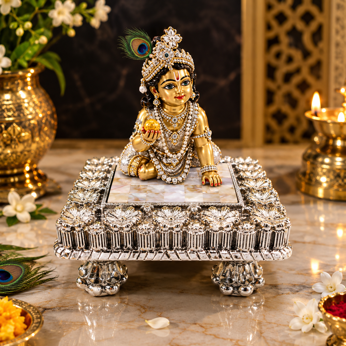 999 Silver Plated Designer Chowki for Laddu Gopal | Luxury Pooja Chowki with Floral Design & Mother of Pearl Inlay | Krishna Ji Singhasan