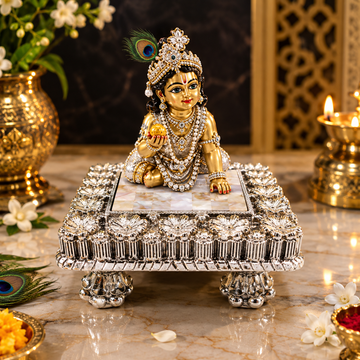 999 Silver Plated Designer Chowki for Laddu Gopal | Luxury Pooja Chowki with Floral Design & Mother of Pearl Inlay | Krishna Ji Singhasan