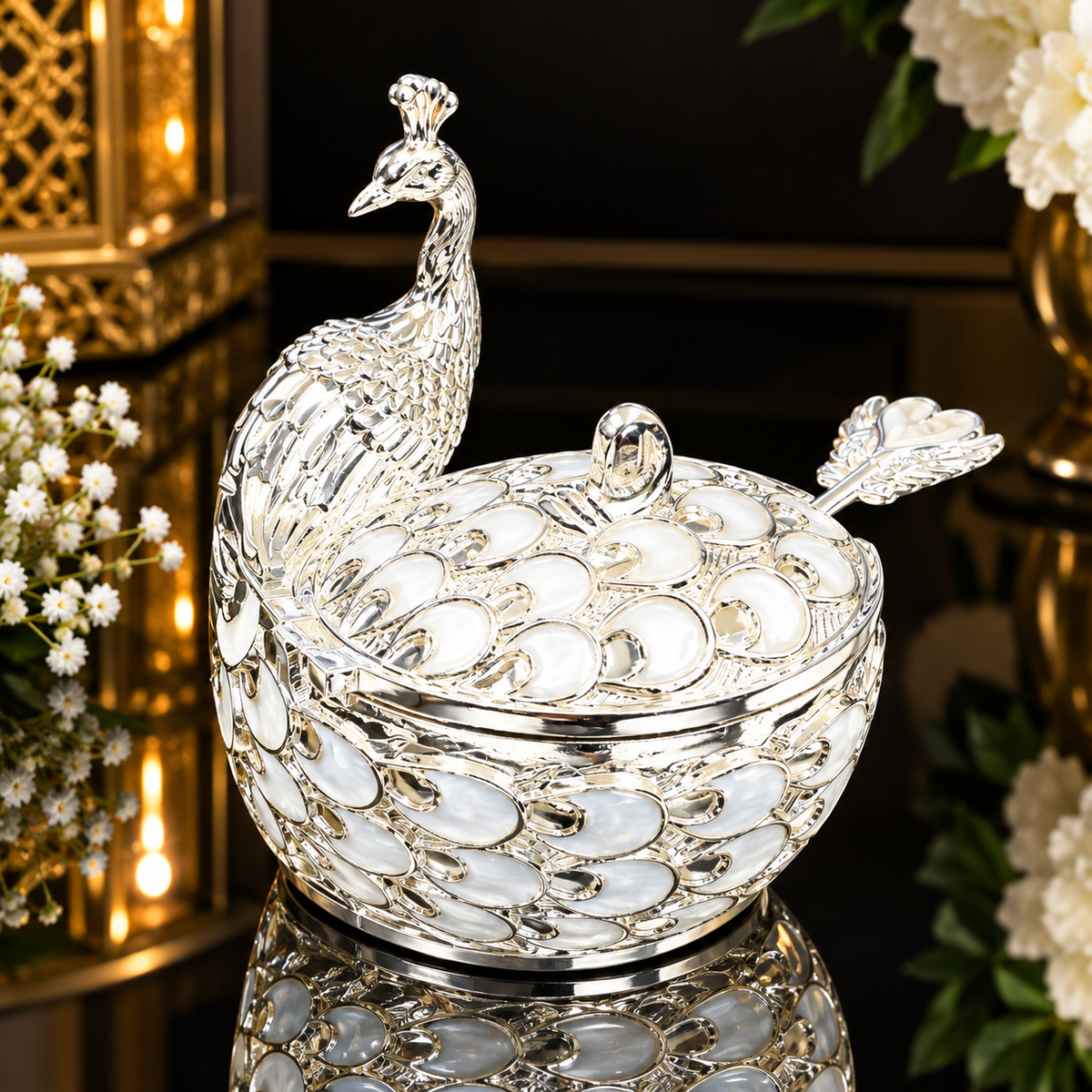 Silver Plated Round Peacock Candy Bowl | Luxury Peacock Trinket Box | Decorative Gift Box | Royal Home Decor | Wedding Gift