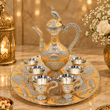 Silver Plated Arabic Coffee and Tea Serving Set | Ornate Pot with Matching Cups & Serving Tray | Luxury Middle Eastern Drinkware, Table Centerpiece & Festive Gift
