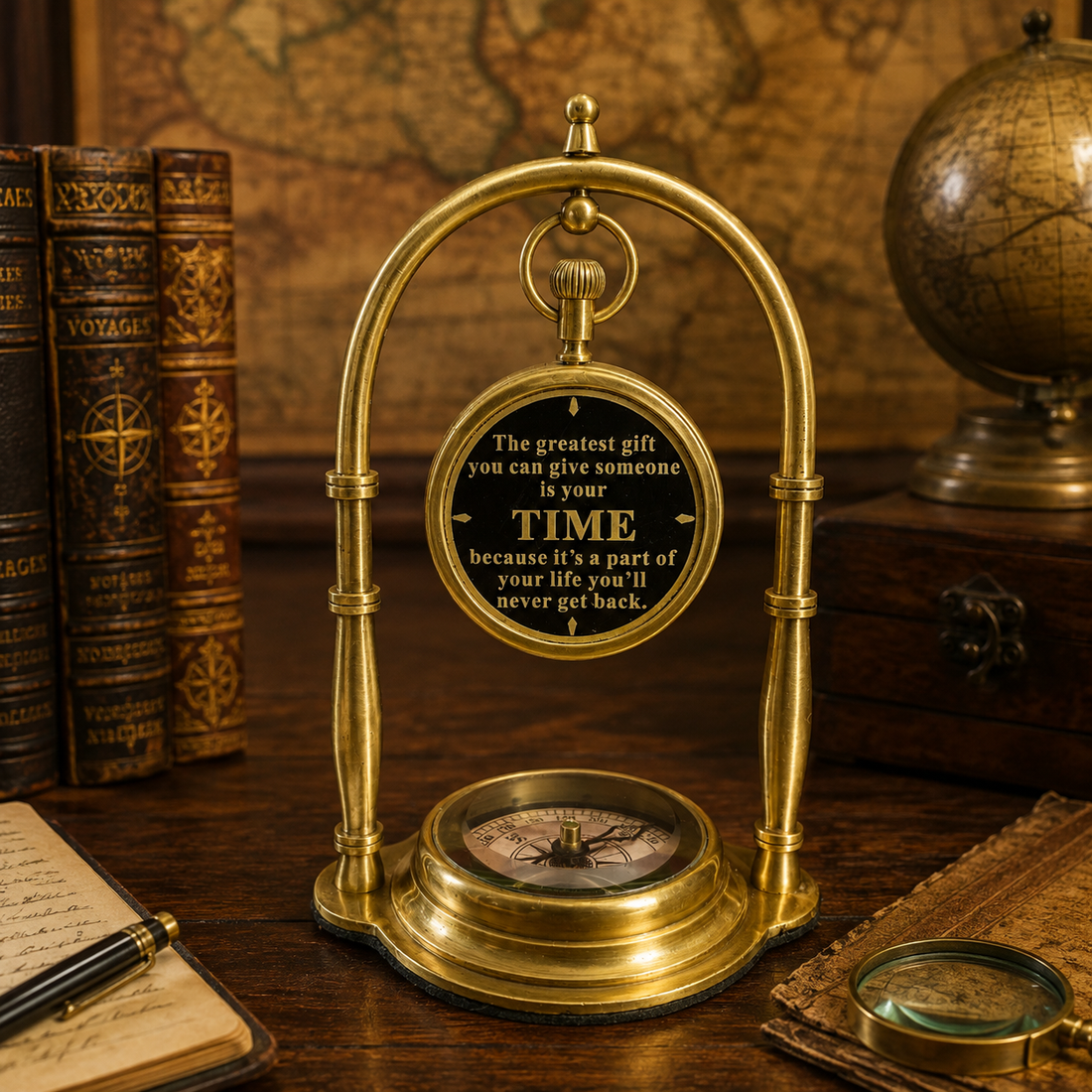 Antique Brass Clock & Compass Desk Decor | Vintage Nautical Table Clock | Historical Explorer Gift | Luxury Office Decor | Unique Gift