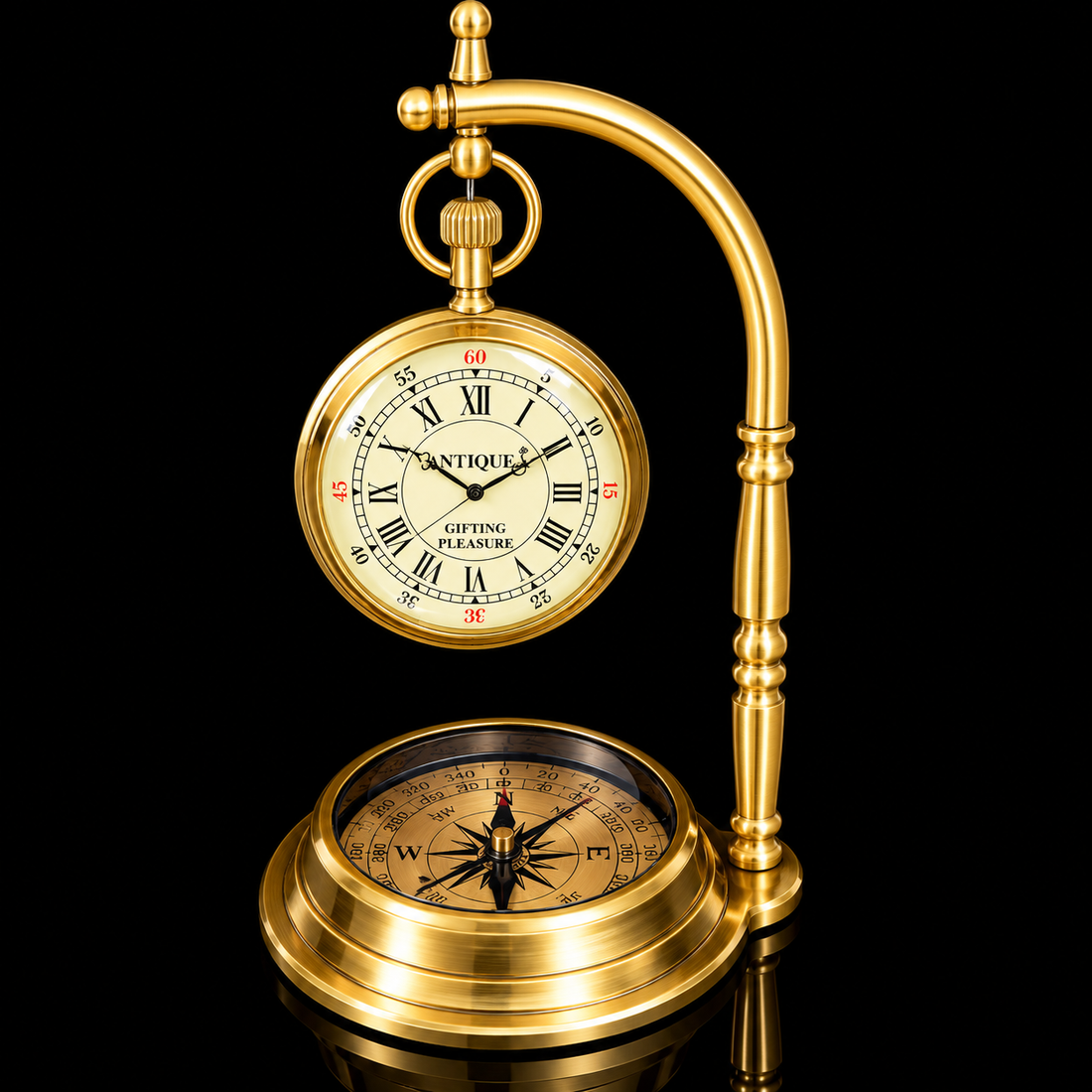 Vintage Brass Desk Clock & Compass | Antique Gold Finish Table Clock | Nautical Decor | Executive Office Decor | Unique Gift for Him