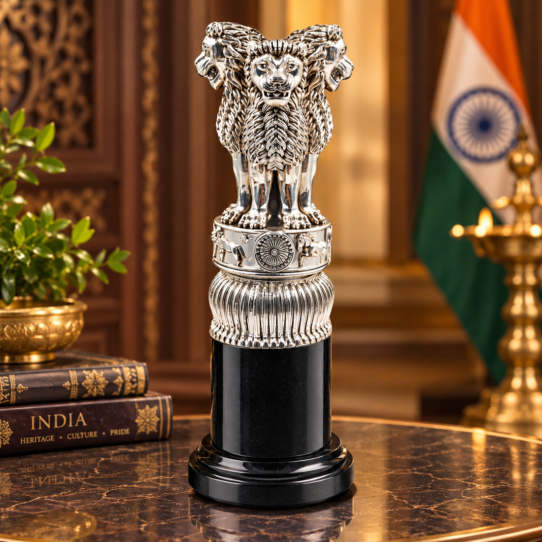 999 Fine Silver Plated Ashoka Lion Capital Statue – Indian National Emblem Showpiece, Luxury Office & Home Décor, 12 × 12 × 30 cm
