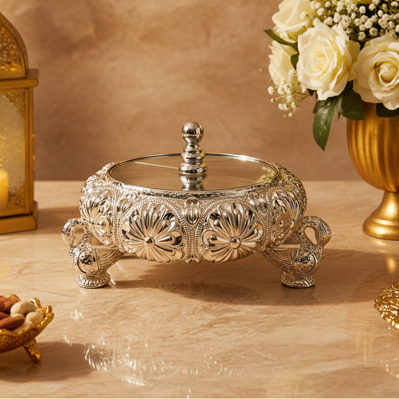 4 Part Dry Fruit Box | Luxury Silver Plated Dry Fruit Serving Bowl | Decorative Gift Box | Premium Tableware | Festive Gifting