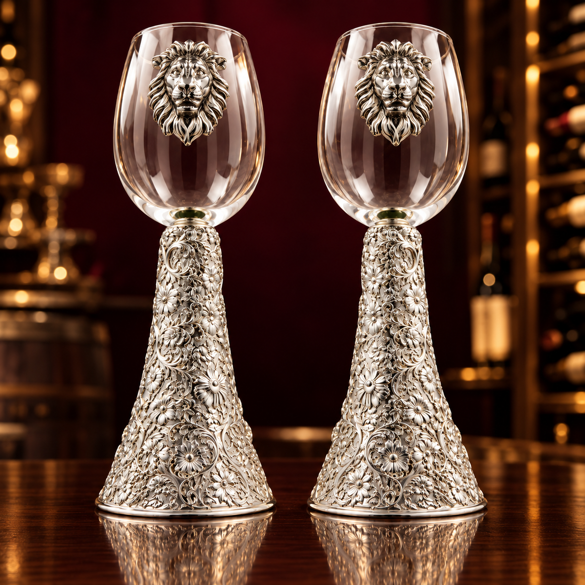 Luxury Silver Lion Wine Glass Set of 2, Ornate Floral Engraved Goblets, Royal Barware, Elegant Wedding Gift, Home Bar Decor