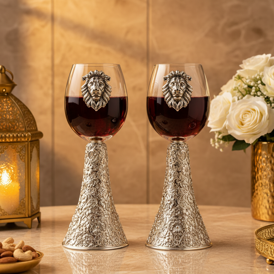 Luxury Silver Lion Wine Glass Set of 2, Ornate Floral Engraved Goblets, Royal Barware, Elegant Wedding Gift, Home Bar Decor