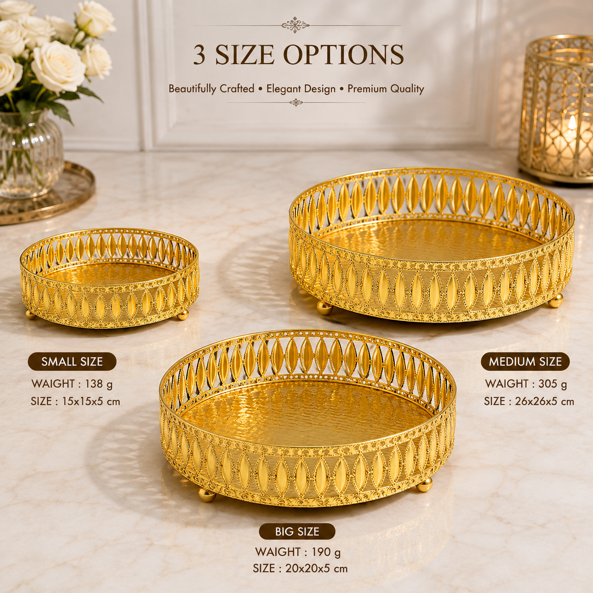 Golden Decorative Serving Tray Set of 3 | Premium Metal Fruit Basket | Dry Fruit Bowl | Wedding Gift | Festive Home Decor | Elegant Centerpiece