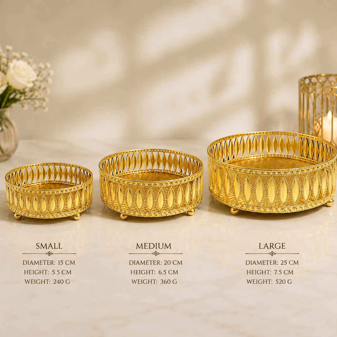 Golden Decorative Serving Tray Set of 3 | Premium Metal Fruit Basket | Dry Fruit Bowl | Wedding Gift | Festive Home Decor | Elegant Centerpiece